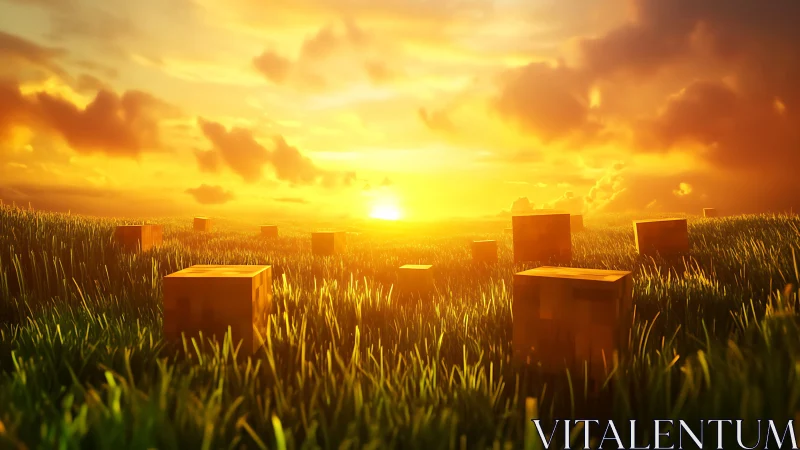 Voxel cubes glow across sunlit grassland at golden hour.