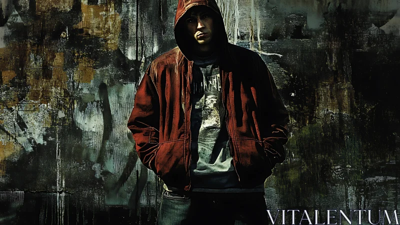 Hooded man in red jacket stands against dark painted wall