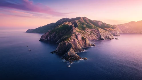 Volcanic Island at Sunrise Over Mediterranean Waters