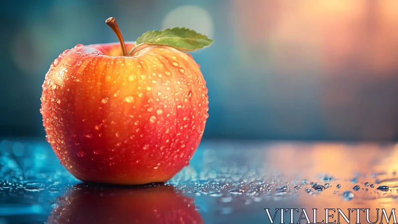 Lustrous dewy apple on reflective glass with bokeh glow.