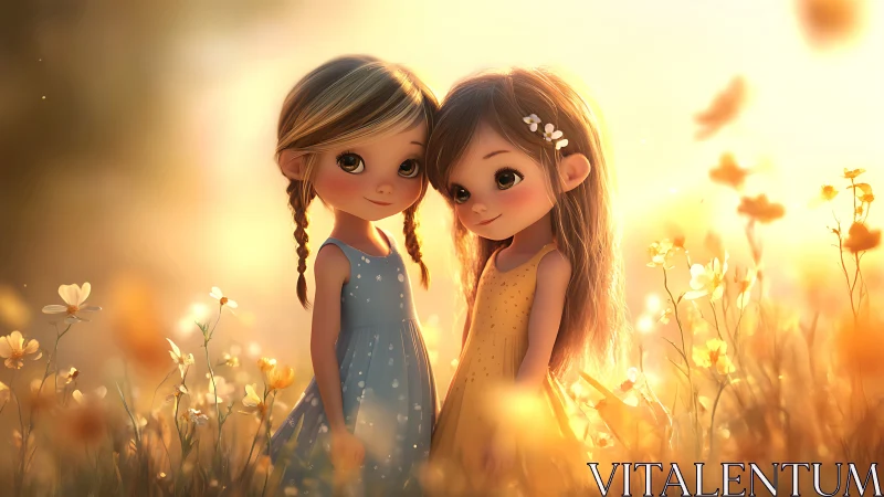Sunlit stylized girls in golden meadow with soft bokeh glow.