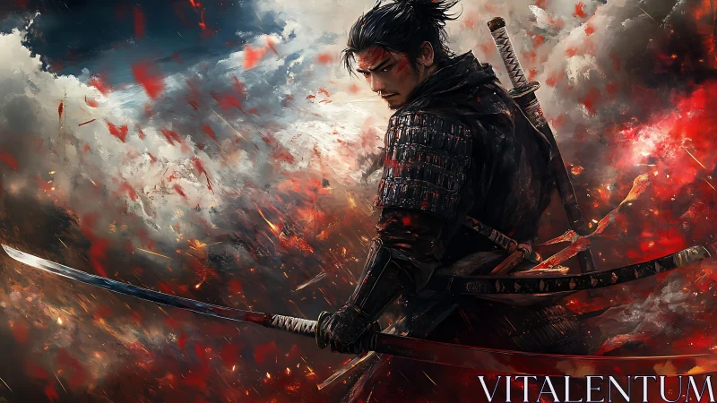 Dynamic samurai warrior in explosive battlefield digital painting.