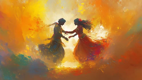 Luminous Embrace: Figures Merge in Golden Chromatic Flux.