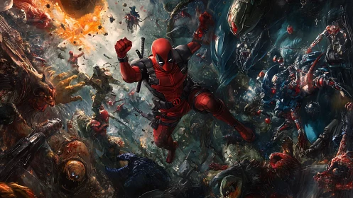 Rebel red warrior dives through chaotic cosmic battlestorm.