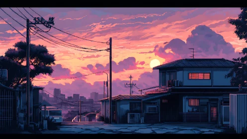 Suburban residential street under pixel sunset sky.