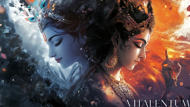 Graceful divine duality in radiant blue and glowing gold.