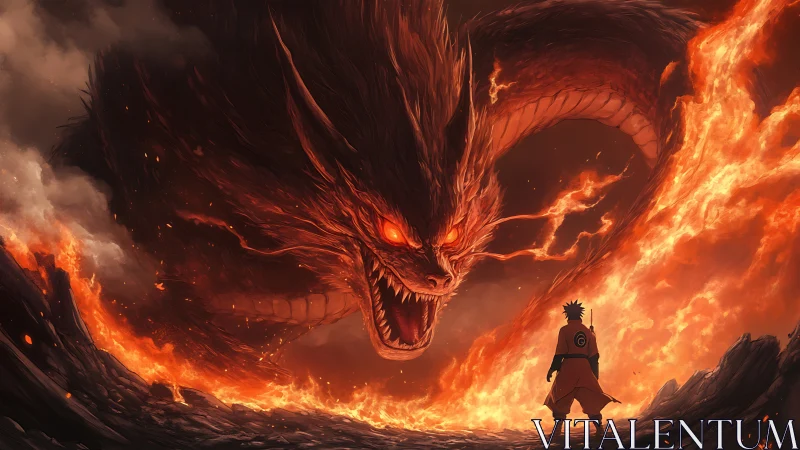 Digital anime inferno confrontation with colossal demon fox.
