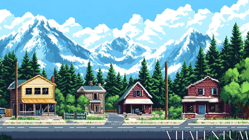 Pixel art mountain suburb under clear sky with layered depth