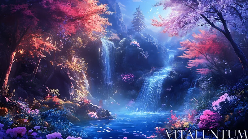 Enchanted forest waterfall under vivid twilight light.