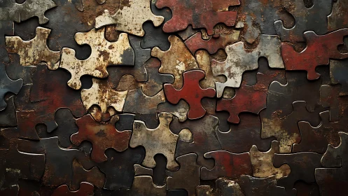 Rusty Metal Jigsaw Puzzle Pieces in Industrial Artistic Style.