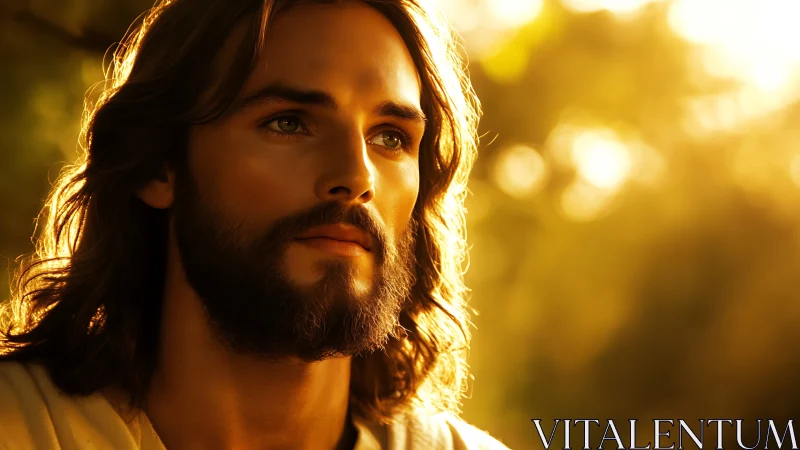 Golden light surrounds a serene bearded man in soft focus