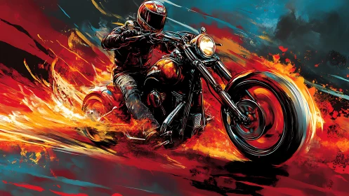 Flaming street motorcycle charging through abstract firestorm.