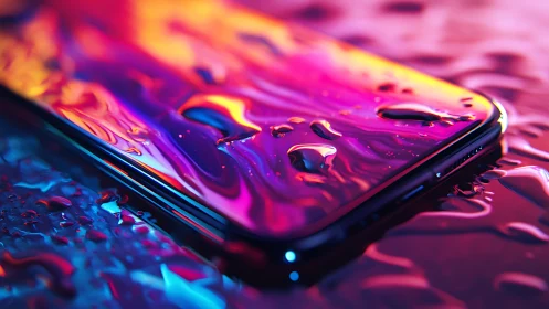Iridescent smartphone surface with neon liquid reflections.