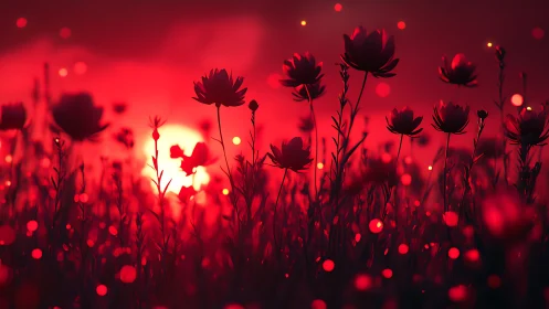 Glowing Flowers Dance in a Dreamlike Red Sunset