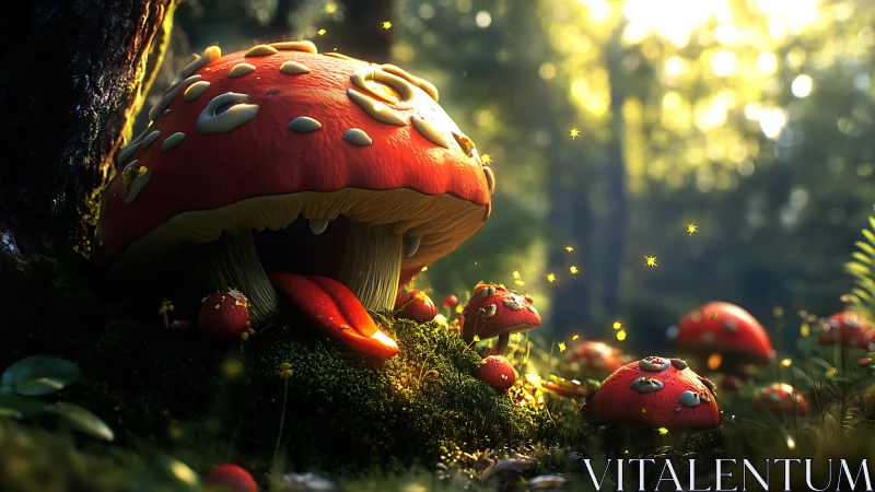 Playful forest mushroom creature glowing in gentle sunlight.