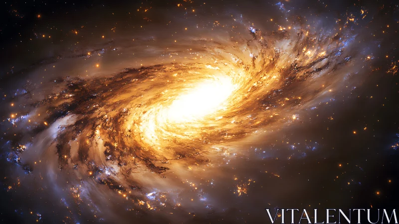 Golden spiral galaxy swirling in a luminous cosmic embrace.