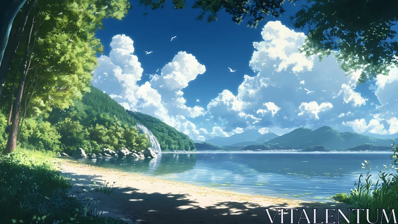 Sunlit lakeside forest opens to distant blue mountains.