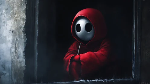 Quiet red-hooded wanderer resting in a shadowed window.