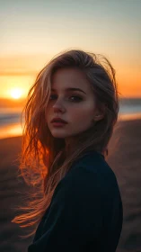 Portrait of young woman at shoreline during golden hour sunset