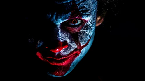 Clown face emerges from deep black with harsh red-blue light