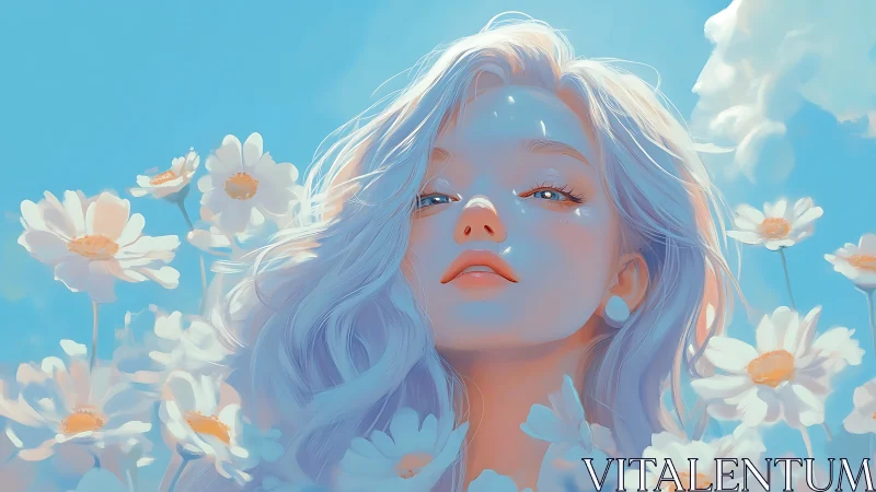 Girl with pale blue hair stands among white daisies outside