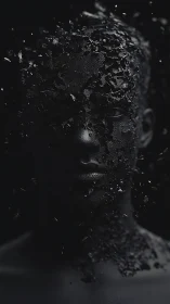 Midnight portrait shattering into drifting obsidian dust.