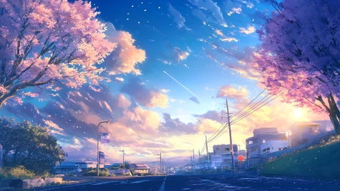 Spring urban boulevard under cherry blossoms at sunrise