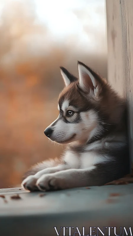 Husky puppy rests against wooden surface in soft warm light