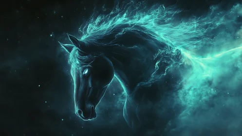 Ethereal teal spirit horse emerges from cosmic nebula.