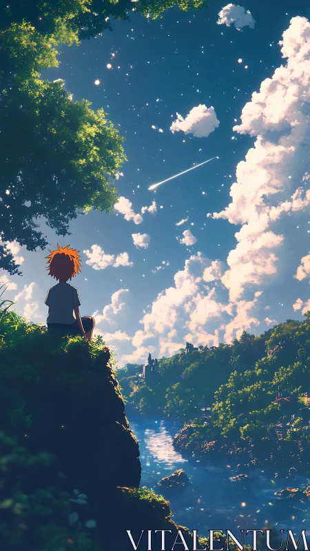 Dreamy sunset river view with child watching a shooting star.