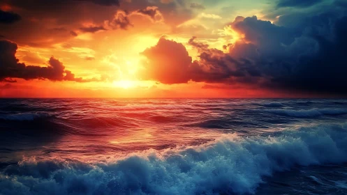 Dramatic sunset over colorful ocean waves and clouds.
