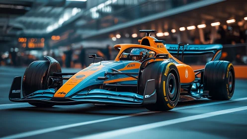 Sunset pit lane hush before the bright orange thunder rolls.