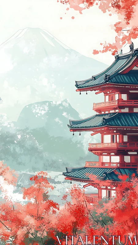 Tiered pagoda amid red foliage and distant mountain range.