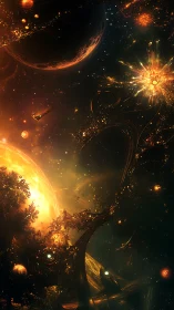 Celestial forge amid burning suns and fractal nebulae.