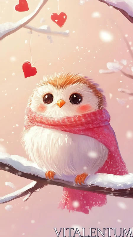 Small white owl in pink scarf on snowy branch at dusk.