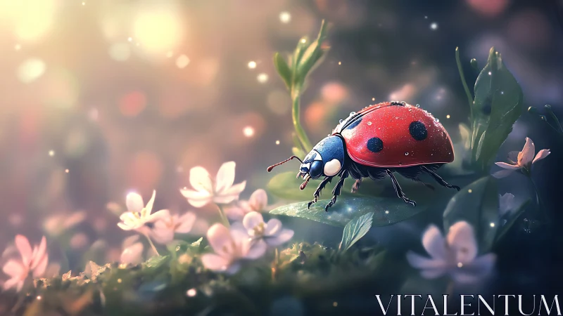 Ladybird macro on dewy leaf in luminous bokeh garden.