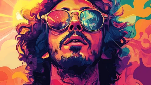 Psychedelic portrait with neon gradients and reflective eyewear.