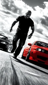 Street racer strides between speeding sports cars.