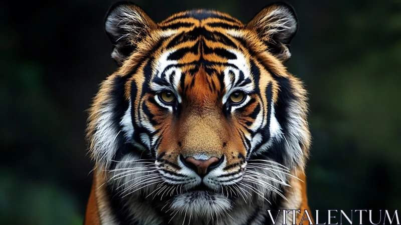 Photorealistic frontal tiger portrait with shallow depth of field.