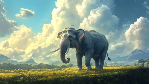 Large elephant stands in open field beneath dense cloud bank