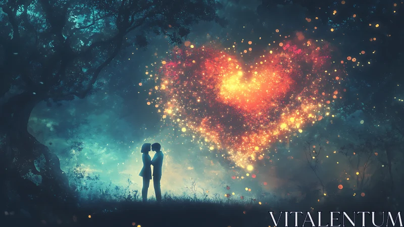 Silhouetted Couple Beneath Luminous Heart-Shaped Particle Explosion