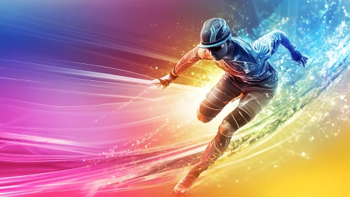 Speed runner slicing through neon color storms of light.