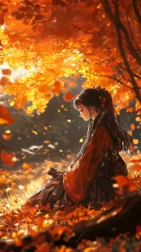Female figure seated under dense orange autumn foliage.