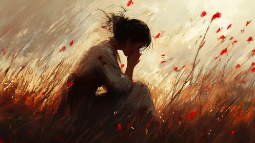 Woman in pensive solitude in red flower field at sunset.