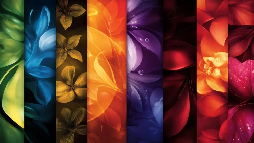 Floral spectrum panels blend luminous petals and deep color.