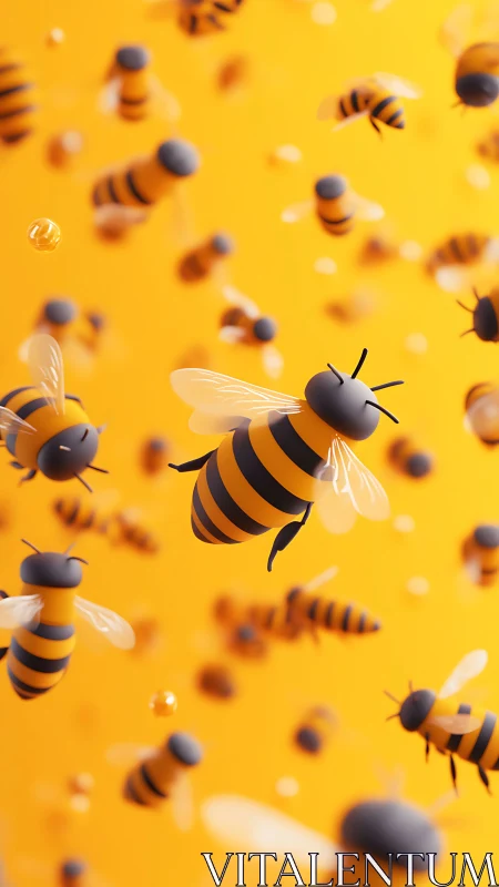 Playful 3D honey bees drift across a vivid orange sky.