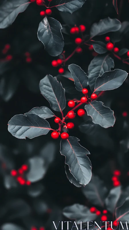 Dark holly leaves with vivid red berries in moody focus.