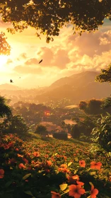 Lush valley village under radiant tropical sunset glow.
