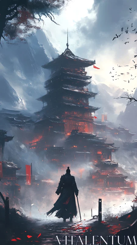Lone warrior approaches a glowing mountain temple fortress