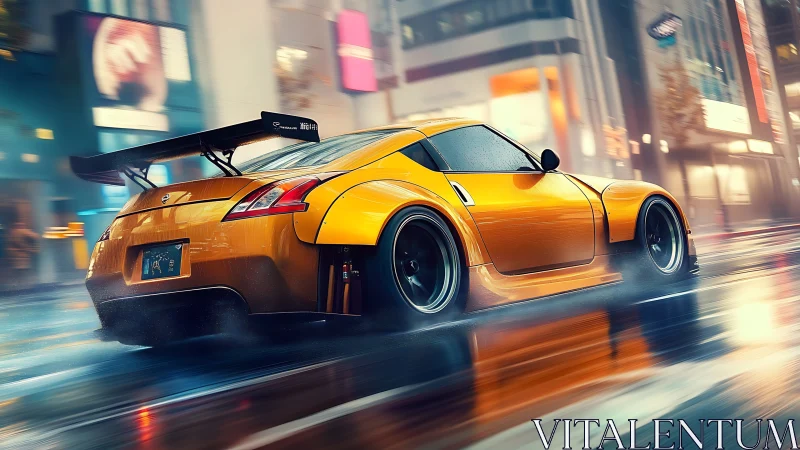 Neon city drift with widebody sports coupe, digital painting.